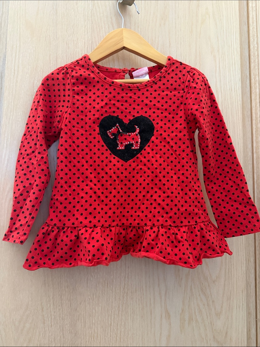 Nannette Red Long-Sleeve Polka Dot Peplum Top with Dog Heart Applique & Leggings